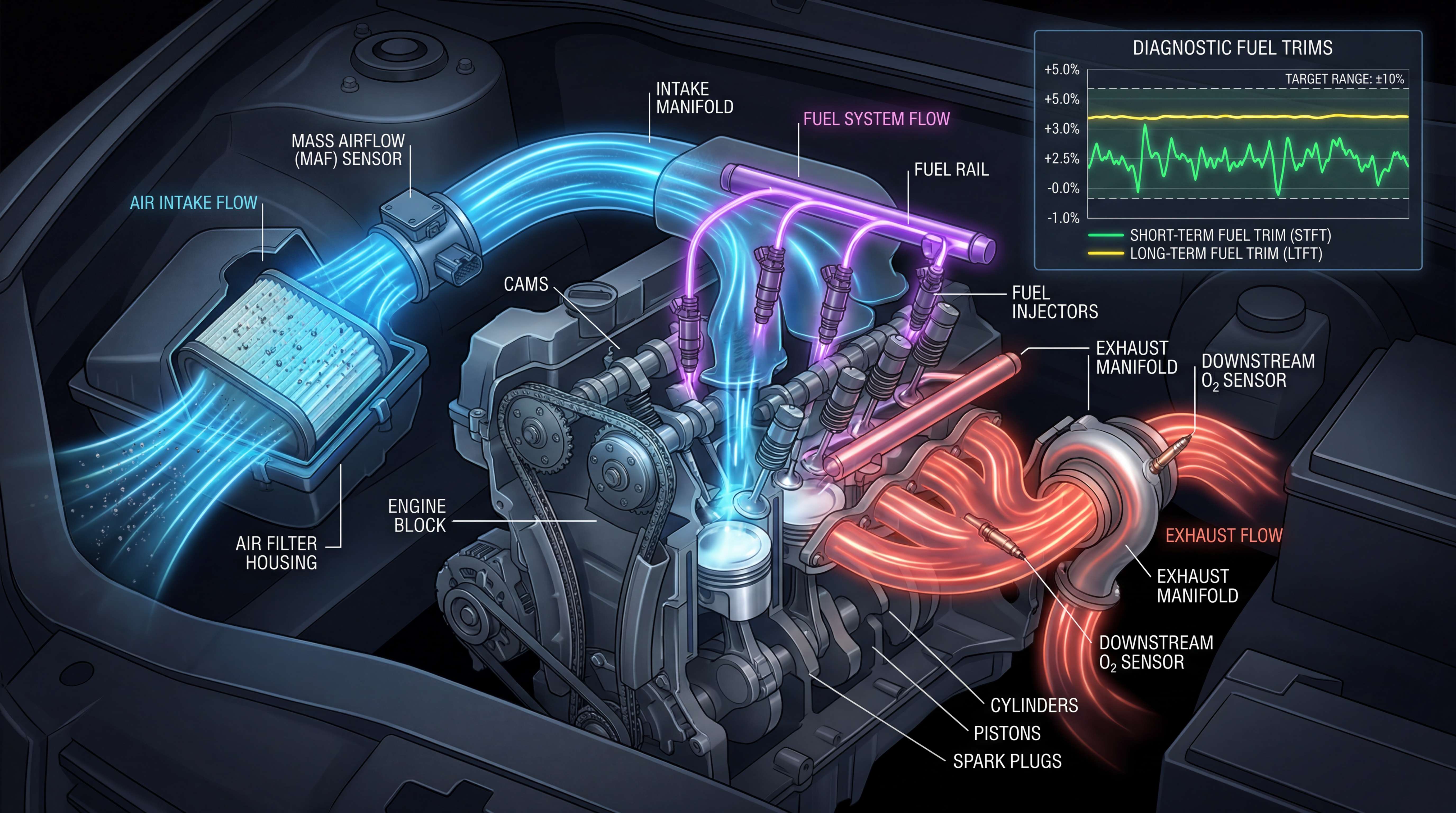 Fuel trim diagnostic diagram showing MAF sensor airflow, fuel injector correction, oxygen sensor feedback and short term and long term fuel trims